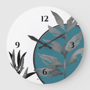Grande Horloge Ronde Blanc Turquoise & Gris Artistique Aquarelle Feuill
