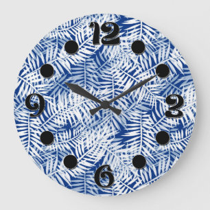 Grande Horloge Ronde Bleu avec motif tropical blanc