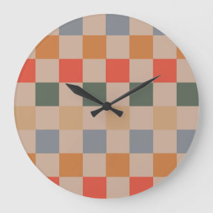 Grande Horloge Ronde Bleu Beige Orange Brown À damiers En vichy Motif
