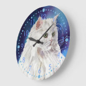 Grande Horloge Ronde Bleu Blanc Perse Chat Portrait Chat Art Mur Horlog (Angle)