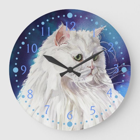 Grande Horloge Ronde Bleu Blanc Perse Chat Portrait Chat Art Mur Horlog (Recto)