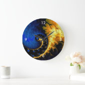 Grande Horloge Ronde Bleu doré jaune fractal (Maison)