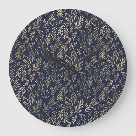Grande Horloge Ronde Bleu et or Abstrait Art Déco Motif Feuille (Recto)