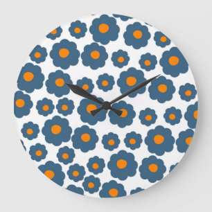 Grande Horloge Ronde Bleu Fantaisiste et Motif Floral Orange Rétro, Joy