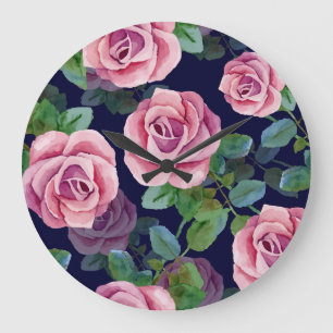 Grande Horloge Ronde Bleu foncé, Roses Roses Rose Aquarelle.