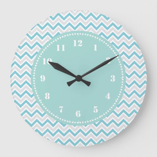 Grande Horloge Ronde Bleu Girly d'Aqua de motif moderne de Chevron (Recto)