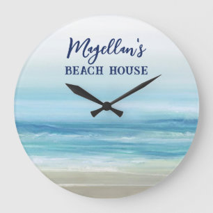 Grande Horloge Ronde Bleu marin Aquarelle Océan Waves Plage côtière