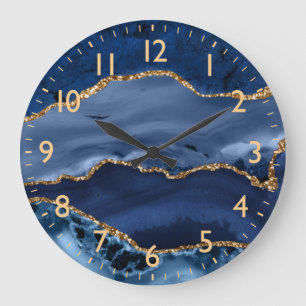 Grande Horloge Ronde Bleu marine et agate de marbre à paillettes de fau