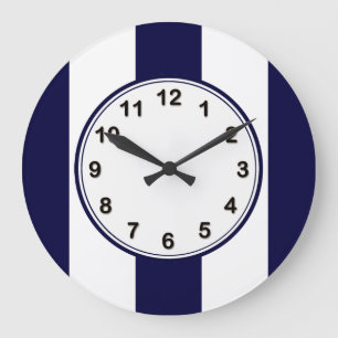 Grande Horloge Ronde Bleu marine et blanc motif rayure extra large