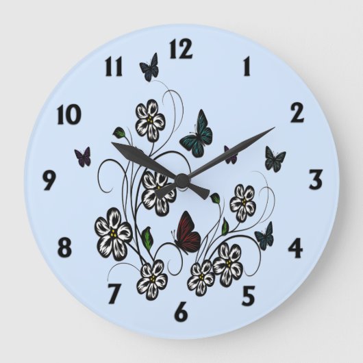 Grande Horloge Ronde Bleu papillon avec chiffres noirs (Recto)