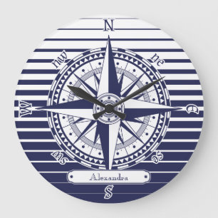 Grande Horloge Ronde Bleu Rose de boussole
