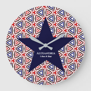 Grande Horloge Ronde Bleu Rouge Bleu Américain Patriotique Motif moder