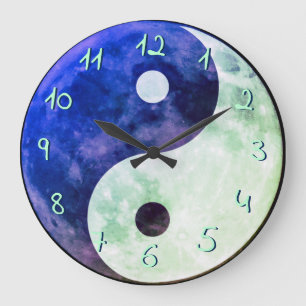 Grande Horloge Ronde Bleu sarcelle vert Yin Yang Lune Nombres européens