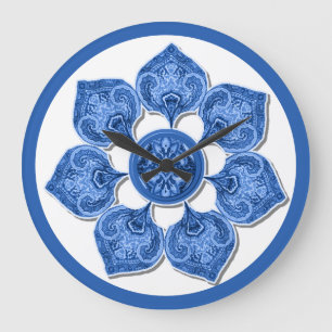 Grande Horloge Ronde Bleu Tissu Décoratif Coupe Fleur Mur Carré C