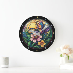 Grande Horloge Ronde Bloom & Fbattage" - Papillon Artistique