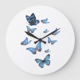 Grande Horloge Ronde Blue Butterfly Garden Wall Clock – Elegant Nature 