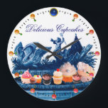 GRANDE HORLOGE RONDE BLUE CERISE OF SWANS WITH CUPCAKES AND PASTRY<br><div class="desc">Antique Chariot of swans with seashell and Neptune with delicious yummy cakes..Elegant Classy, unique vintage design inspecred from Renaissance with a bright 3D gem stone monogram.You can customize with your initials and place your own text</div>