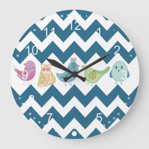Grande Horloge Ronde Blue Chevron Stripes Whimsical Cute Birds