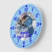 Grande Horloge Ronde Blue Custom Photo Text Clock w/ Minutes Template (Angle)