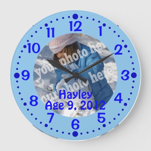 Grande Horloge Ronde Blue Custom Photo Text Clock w/ Minutes Template (Recto)