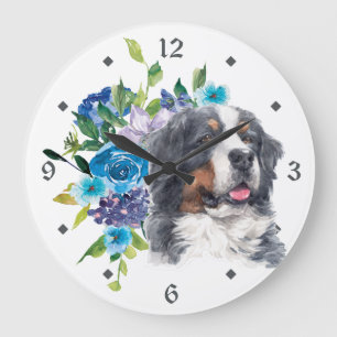 Grande Horloge Ronde Blue Floral Bouquet Bernese Mountain Dog