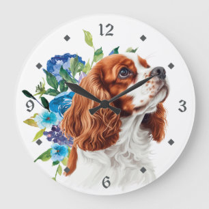 Grande Horloge Ronde Blue Floral Red Cavalier King Charles Spaniel Chie