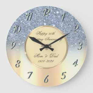 Grande Horloge Ronde Blue Glitter Ombre Or 50e Anniversaire de Mariage