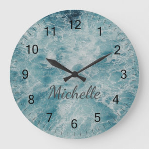 Grande Horloge Ronde Blue Green Ocean Summer Beach Waves Custom