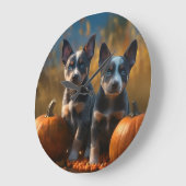 Grande Horloge Ronde Blue Heeler Chiot Automne Citrouille de plaisir (Angle)