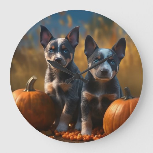 Grande Horloge Ronde Blue Heeler Chiot Automne Citrouille de plaisir (Recto)
