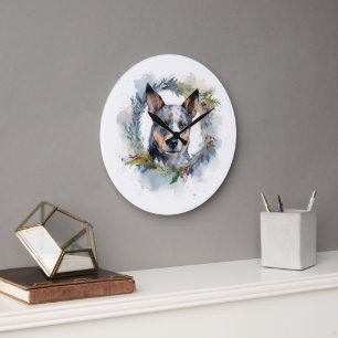 Grande Horloge Ronde Blue Heeler Christmas Wreath Festive Pup