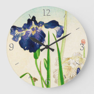 Grande Horloge Ronde Blue Iris - imprimé japonais aquarelle