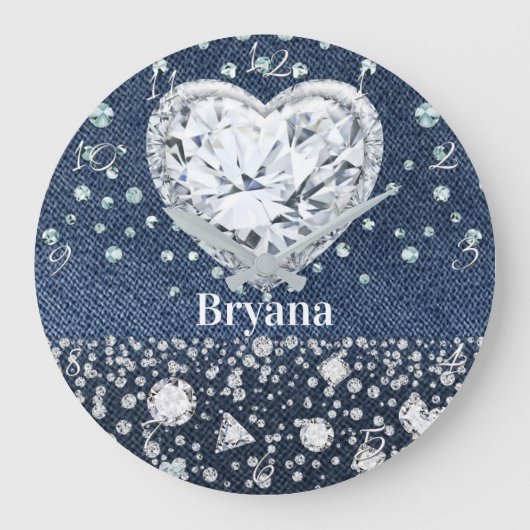 Grande Horloge Ronde Blue Jean Denim & Diamonds Bling Diamond Heart (Recto)