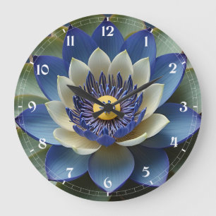 Grande Horloge Ronde Blue Lotus Flower Art spirituel