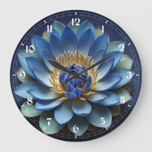 Grande Horloge Ronde Blue Lotus Flower Art spirituel