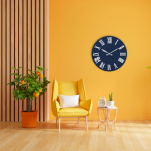 Grande Horloge Ronde Blue Navy Nauti Grey Métallique Argent Romain Numé