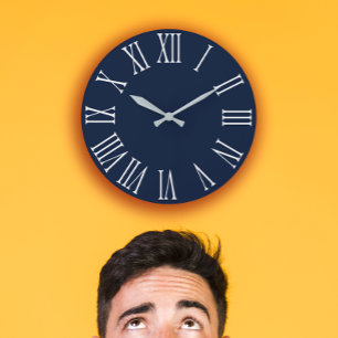 Grande Horloge Ronde Blue Navy Nauti Grey Métallique Argent Romain Numé