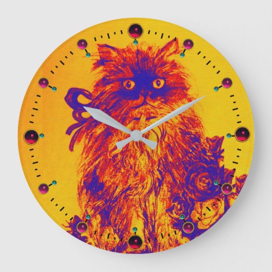 GRANDE HORLOGE RONDE BLUE ORANGE KITTY CAT, KITTEN ET ROSE (Recto)