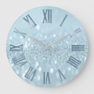 Grande Horloge Ronde Blue Pastel Parties scintillant gris métal chiffre