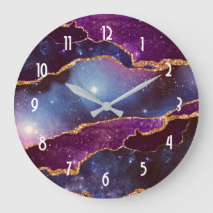 Grande Horloge Ronde Blue & Purple Space & Stars Agate moderne