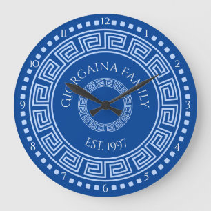 Grande Horloge Ronde Blue Round Greek Key Custom