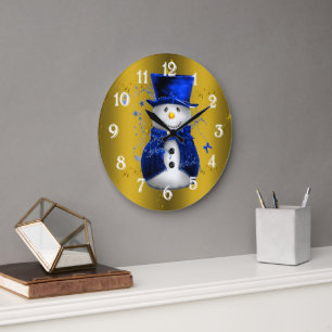 Grande Horloge Ronde Blue Snowman sur Gold Christmas