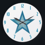 Grande Horloge Ronde Blue Star<br><div class="desc">Le design moderne, c'est "shining blue" et blanc star on a white background. Wall clock with a customizable design for you to personise with your own text, images and ideas. Please note that this a printed image created using original photographis and digital techniques, it does not shine or contain real...</div>