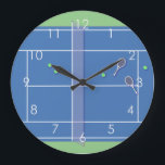 Grande Horloge Ronde Blue Tennis Court Modern Tennis Player<br><div class="desc">Personalized classic tennis court design in blue with classic, chic, preppy & elegant tennis rackets and green tennis balls. Simple, minimalist gift for your tennis coach or tennis team. Personalized Gift for a tennis player. Blue tennis court illustration. Trendy tennis players home decor. Trendy modern tennis player gifts. Cool retro...</div>