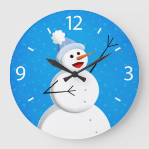 Grande Horloge Ronde Blue Winter Happy Snowman
