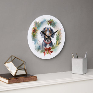 Grande Horloge Ronde Bluetick Coonhound Christmas Wreath Festive Pup