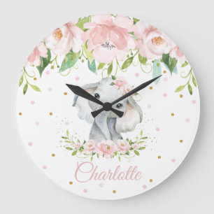 Grande Horloge Ronde Blush Pink Floral Elephant Girl Nursery
