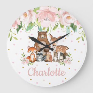 Grande Horloge Ronde Blush Pink Floral Woodland Animals Girl Nursery