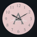 Grande Horloge Ronde Blush Pink Grey Modern Script Girly Monogram<br><div class="desc">Blush Pink et Grey Simple Script Monogram Clock. This makes the perfect sweet 16 birthday,  wedding,  bridal shower,  anniversary,  baby shower or bachelorette party gift for someone that loves glam luxury and chic styles.</div>
