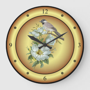 Grande Horloge Ronde Boeuf noir cerné ~ Fleur Magnolia blanche ~